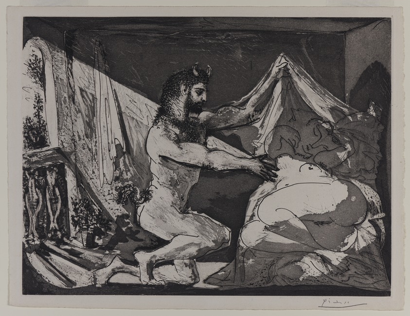 Pablo Picasso (Spanish, 1881-1973). <em>Faune Dévoilant une Dormeuse (Jupiter et Antiope, d'après Rembrandt)</em>, 1936. Aquatint on laid paper with deckled edges on all sides, sheet: 13 7/16 × 17 1/2 in. (34.1 × 44.5 cm). Brooklyn Museum, Gift of The Roebling Society in honor of Jo Miller and Designated Purchase Fund, 75.81. © artist or artist's estate (Photo: Brooklyn Museum, 75.81_PS20.jpg)