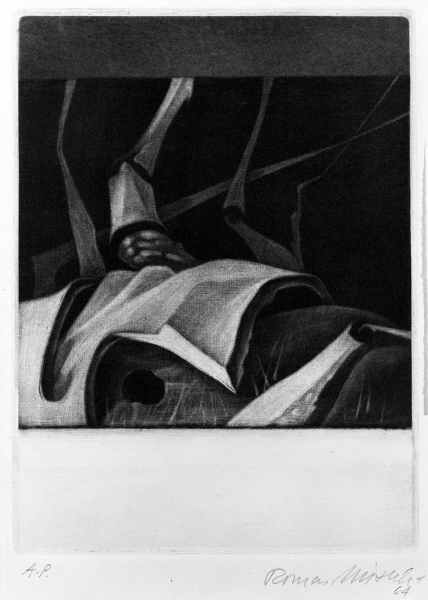 Romas Viesulas (American, born Lithuania, 1918-1986). <em>Metamorphoses</em>, 1964. Mezzotint on paper, sheet: 14 x 10 1/2 in. (35.6 x 26.7 cm). Brooklyn Museum, Gift of Mr. and Mrs. Kestutis Pliuskonis, 77.112.28. © artist or artist's estate (Photo: Brooklyn Museum, 77.112.28_bw.jpg)