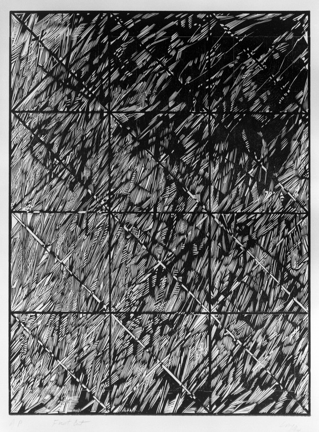 Vincent Longo (American, born 1923). <em>First Cut</em>, 1974. Woodcut on paper, sheet: 30 x 23 in. (76.2 x 58.4 cm). Brooklyn Museum, Designated Purchase Fund, 77.20a. © artist or artist's estate (Photo: Brooklyn Museum, 77.20a_bw.jpg)