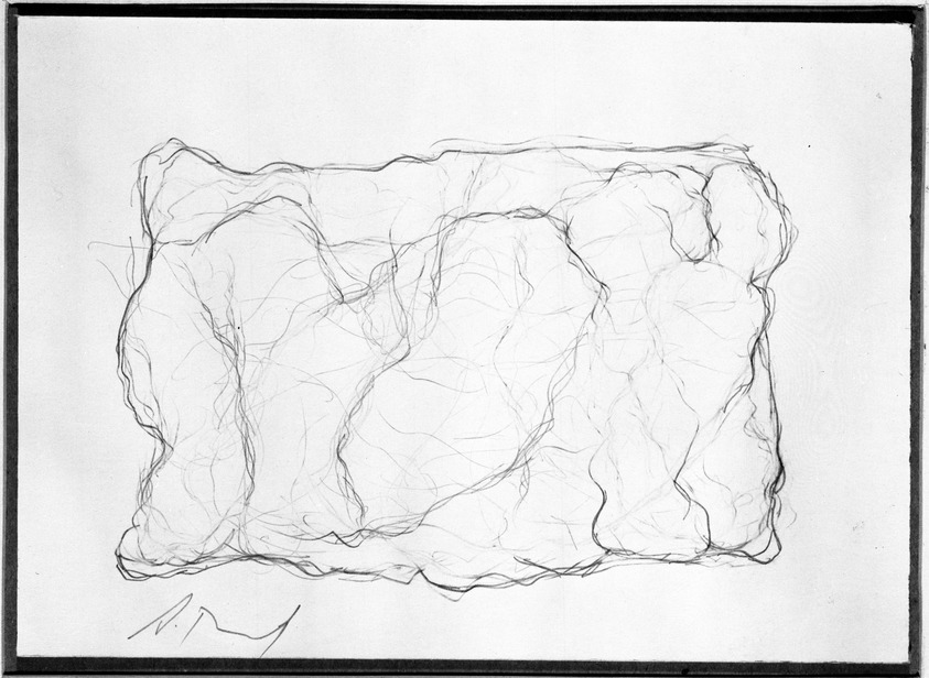 Archie Rand (American, born 1949). <em>Study for Sh'ma Yisroel Panel of the B'nai Yoses</em>, 1976. Graphite on paperboard, 7 7/16 x 10 15/16 in. (18.9 x 27.8 cm). Brooklyn Museum, Gift of the artist, 77.218.2. © artist or artist's estate (Photo: Brooklyn Museum, 77.218.2_bw.jpg)