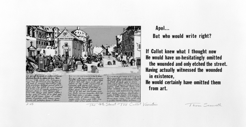 Thomas Seawell (American, born 1936). <em>The 4th Street - The Callot Variation</em>, 1975. Serigraph on paper, sheet: 9 5/8 x 18 3/16 in. (24.4 x 46.2 cm). Brooklyn Museum, Designated Purchase Fund, 77.24.5. © artist or artist's estate (Photo: Brooklyn Museum, 77.24.5_bw.jpg)