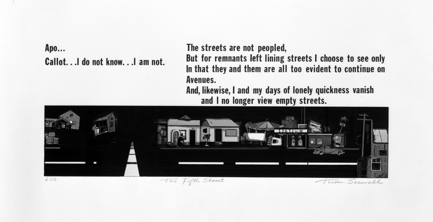 Thomas Seawell (American, born 1936). <em>The Fifth Street</em>, 1975. Serigraph on paper, sheet: 9 5/8 x 18 3/16 in. (24.4 x 46.2 cm). Brooklyn Museum, Designated Purchase Fund, 77.24.6. © artist or artist's estate (Photo: Brooklyn Museum, 77.24.6_bw.jpg)