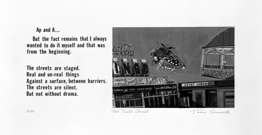 Thomas Seawell (American, born 1936). <em>The Sixth Street</em>, 1975. Serigraph on paper, sheet: 9 5/8 x 18 3/16 in. (24.4 x 46.2 cm). Brooklyn Museum, Designated Purchase Fund, 77.24.7. © artist or artist's estate (Photo: Brooklyn Museum, 77.24.7_bw.jpg)