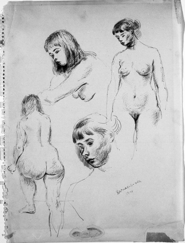 Raphael Soyer (American, born Russia, 1899-1987). <em>Untitled</em>, 1941. Brown ink on paper, Sheet: 12 5/8 x 9 1/2 in. (32.1 x 24.1 cm). Brooklyn Museum, Gift of Morton Ostrow, 77.276. © artist or artist's estate (Photo: Brooklyn Museum, 77.276_bw.jpg)