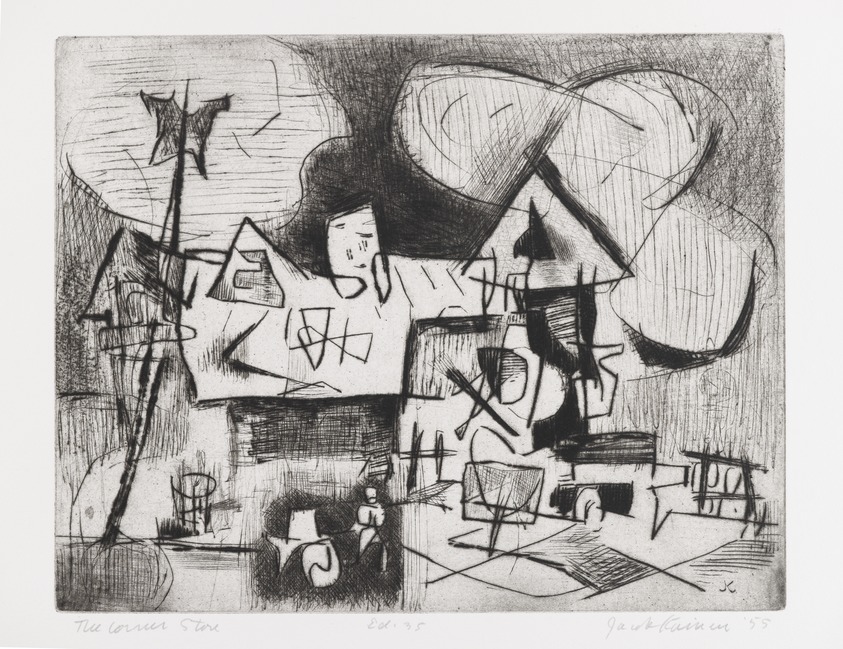 Jacob Kainen (American, 1909-2001). <em>The Corner Store</em>, 1955. Drypoint, Sheet: 10 x 13 13/16 in. (25.4 x 35.1 cm). Brooklyn Museum, Gift of Mrs. B. S. Cole, 77.63.4. © artist or artist's estate (Photo: Brooklyn Museum, 77.63.4_PS4.jpg)