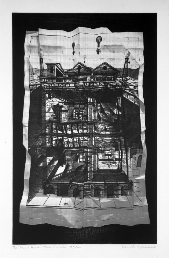 Kenneth Kerslake (American, 1930-2007). <em>The Magic House:  Terra Incognita</em>, 1975. Photo-intaglio, Sheet: 26 11/16 x 17 7/8 in. (67.8 x 45.4 cm). Brooklyn Museum, Gift of the artist, 77.69.2. © artist or artist's estate (Photo: Brooklyn Museum, 77.69.2_bw.jpg)