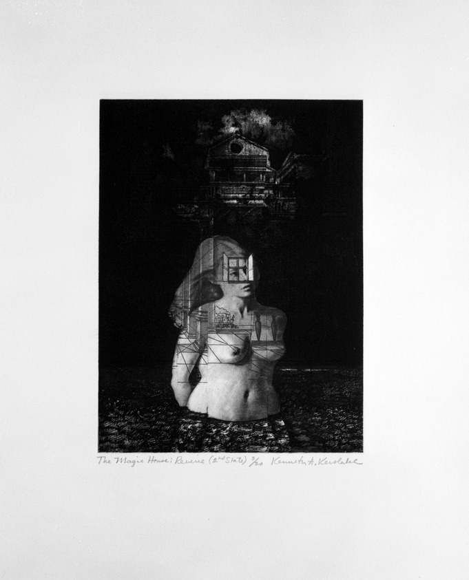 Kenneth Kerslake (American, 1930-2007). <em>The Magic House:  Reverie</em>, 1974. Photo-intaglio, Sheet: 22 x 17 in. (55.9 x 43.2 cm). Brooklyn Museum, Gift of the artist, 77.69.3. © artist or artist's estate (Photo: Brooklyn Museum, 77.69.3_bw.jpg)