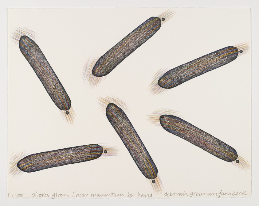 Deborah Furnback (American, born 1944). <em>Strokes Given Linear Momentum by Hand</em>, 1977. Stamp and hand drawing on paper, 11 x 14 in. (27.9 x 35.6 cm). Brooklyn Museum, Gift of California State University, Hayward, 78.103.7. © artist or artist's estate (Photo: Brooklyn Museum, 78.103.7_PS2.jpg)