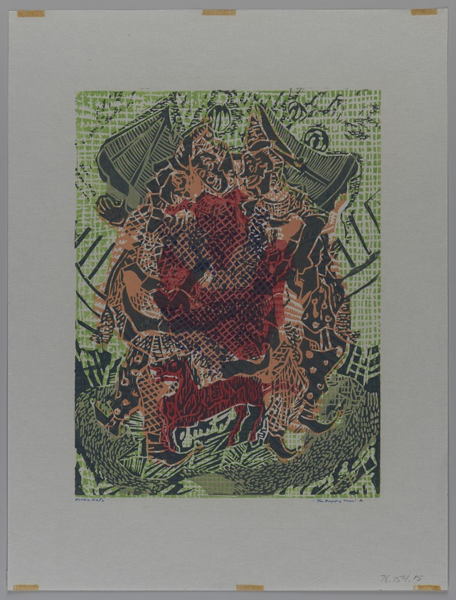 Hilda Katz (American, 1909–1997). <em>The Happy Men #2</em>, n.d. Linocut on white laid paper, Sheet: 17 1/8 x 13 in. (43.5 x 33 cm). Brooklyn Museum, Gift of Hilda Katz, 78.154.15. © artist or artist's estate (Photo: Brooklyn Museum, 78.154.15_PS20.jpg)
