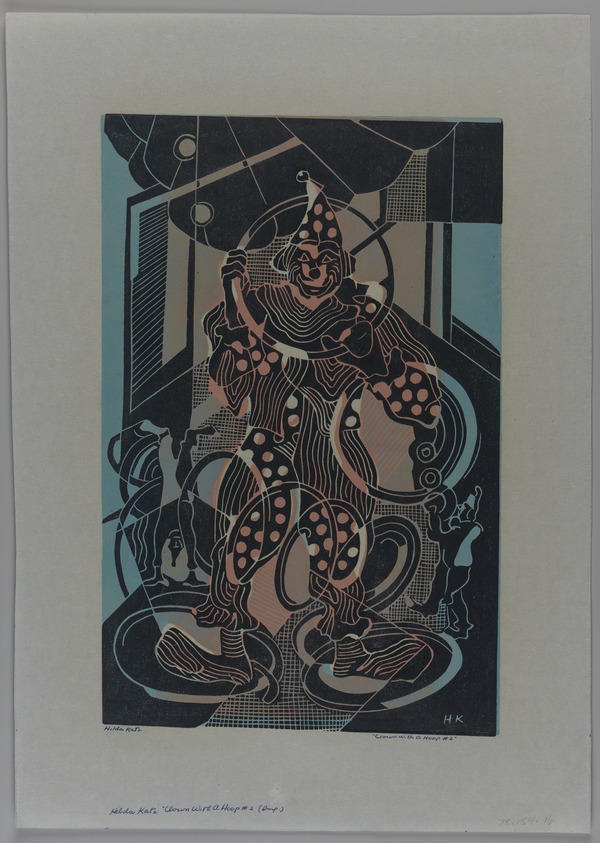 Hilda Katz (American, 1909-1997). <em>Clown with a Hoop #2</em>, 1952. Linocut on white laid paper, Sheet: 18 x 12 3/4 in. (45.7 x 32.4 cm). Brooklyn Museum, Gift of Hilda Katz, 78.154.16. © artist or artist's estate (Photo: Brooklyn Museum, 78.154.16_PS20.jpg)