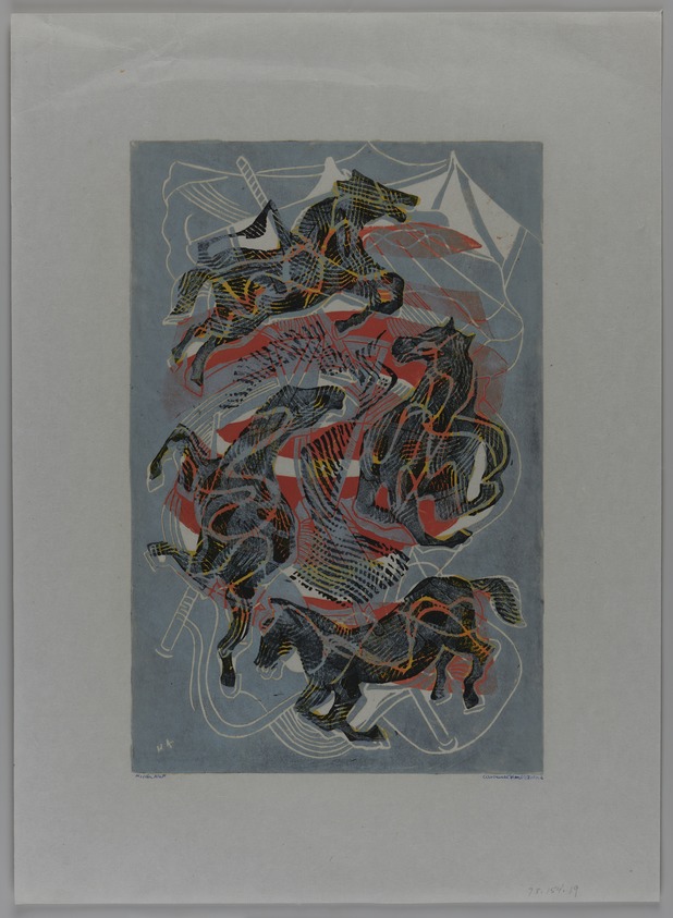 Hilda Katz (American, 1909–1997). <em>Carousel Variations</em>, 1939. Linocut on white wove paper, Sheet: 19 x 13 3/4 in. (48.3 x 34.9 cm). Brooklyn Museum, Gift of Hilda Katz, 78.154.19. © artist or artist's estate (Photo: Brooklyn Museum, 78.154.19_PS20.jpg)