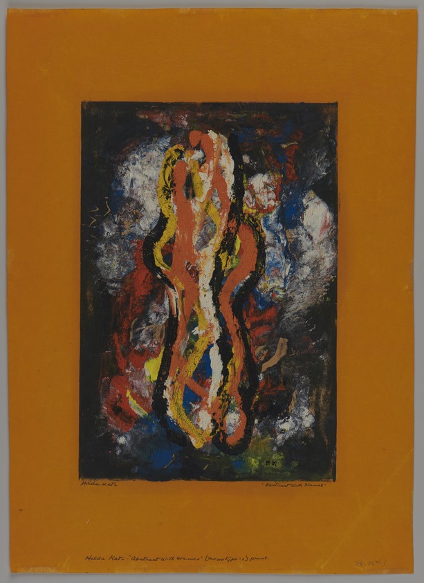 Hilda Katz (American, 1909–1997). <em>Abstract with Flames</em>, n.d. Monotype on orange-colored laid paper, Sheet: 15 1/2 x 11 1/8 in. (39.4 x 28.3 cm). Brooklyn Museum, Gift of Hilda Katz, 78.154.1. © artist or artist's estate (Photo: Brooklyn Museum, 78.154.1_PS20.jpg)