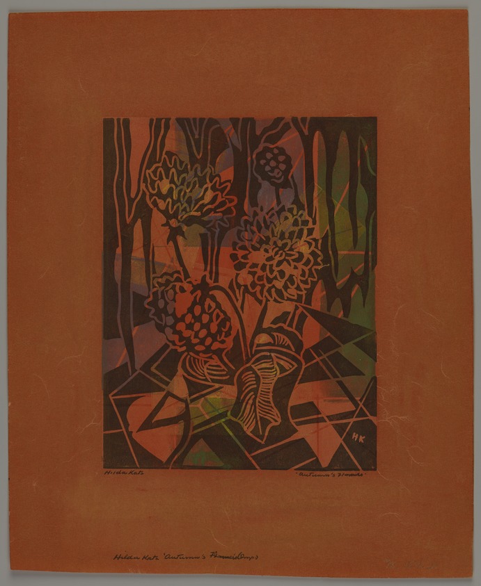 Hilda Katz (American, 1909–1997). <em>Autumn's Flowers</em>, n.d. Linocut on orange wove paper, Sheet: 11 7/8 x 9 5/8 in. (30.2 x 24.4 cm). Brooklyn Museum, Gift of Hilda Katz, 78.154.21. © artist or artist's estate (Photo: Brooklyn Museum, 78.154.21_PS20.jpg)