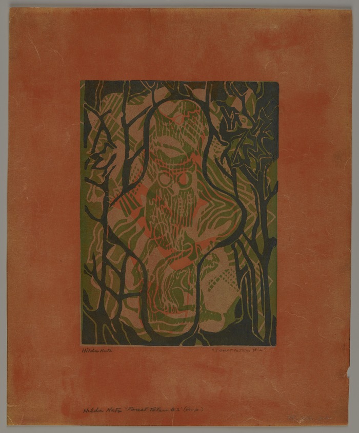Hilda Katz (American, 1909–1997). <em>Forest Totem #2</em>, n.d. Linocut in color on green-colored laid paper, Sheet: 9 1/4 x 11 1/8 in. (23.5 x 28.3 cm). Brooklyn Museum, Gift of Hilda Katz, 78.154.22. © artist or artist's estate (Photo: Brooklyn Museum, 78.154.22_PS20.jpg)