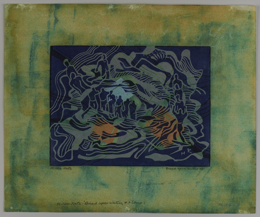 Hilda Katz (American, 1909–1997). <em>Bread upon Waters #2</em>, n.d. Linocut in color on green laid paper, sheet: 9 1/4 x 11 1/8 in. Brooklyn Museum, Gift of Hilda Katz, 78.154.23. © artist or artist's estate (Photo: Brooklyn Museum, 78.154.23_PS20.jpg)
