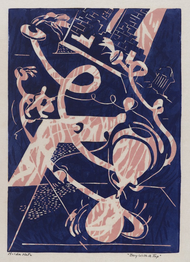 Hilda Katz (American, 1909-1997). <em>Boy with a Top</em>, n.d. Linocut in color on wove paper, Sheet: 9 7/8 x 7 in. (25.1 x 17.8 cm). Brooklyn Museum, Gift of Hilda Katz, 78.154.3. © artist or artist's estate (Photo: Brooklyn Museum, 78.154.3_PS4.jpg)