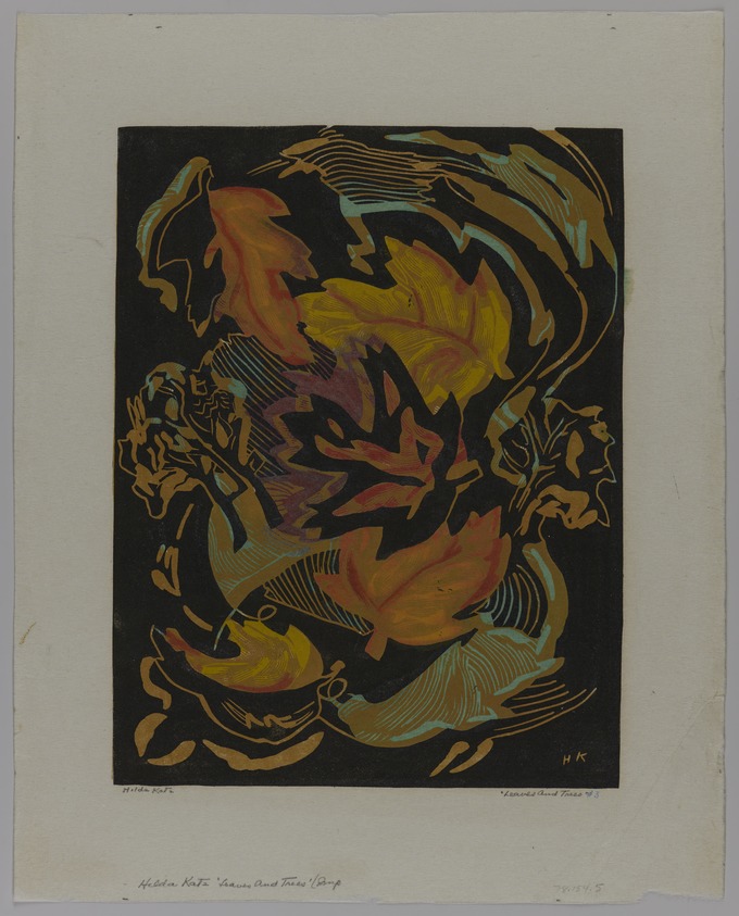 Hilda Katz (American, 1909–1997). <em>Leaves and Trees #3</em>, 1952. Linocut in color, on white wove Rice paper, Sheet: 15 5/8 x 12 1/2 in. (39.7 x 31.8 cm). Brooklyn Museum, Gift of Hilda Katz, 78.154.5. © artist or artist's estate (Photo: Brooklyn Museum, 78.154.5_PS20.jpg)