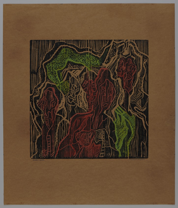 Hilda Katz (American, 1909-1997). <em>Hallucinogenz</em>, n.d. Linocut in color on brown wove paper, Sheet: 15 1/4 x 13 in. (38.7 x 33 cm). Brooklyn Museum, Gift of Hilda Katz, 78.154.7. © artist or artist's estate (Photo: Brooklyn Museum, 78.154.7_PS20.jpg)