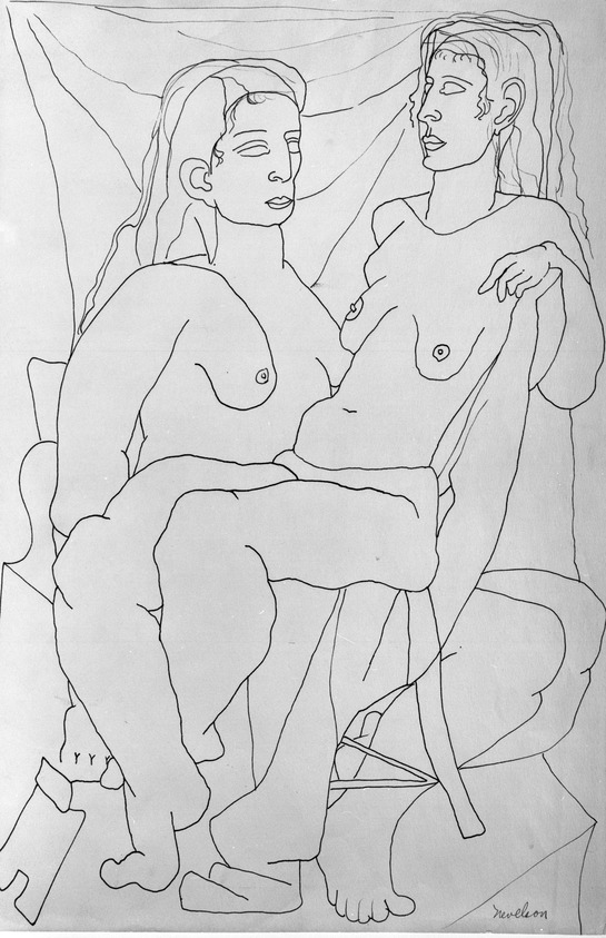 Louise Nevelson (American, born Russia, 1899-1988). <em>Untitled (Two Seated Female Nudes)</em>, ca. 1932-1935. Ink on paper, sheet: 17 7/8 x 11 15/16 in. (45.4 x 30.3 cm). Brooklyn Museum, Gift of Samuel Goldberg in memory of his parents, Sophie and Jacob Goldberg, and his brother, Hyman Goldberg, 78.277.2. © artist or artist's estate (Photo: Brooklyn Museum, 78.277.2_bw.jpg)