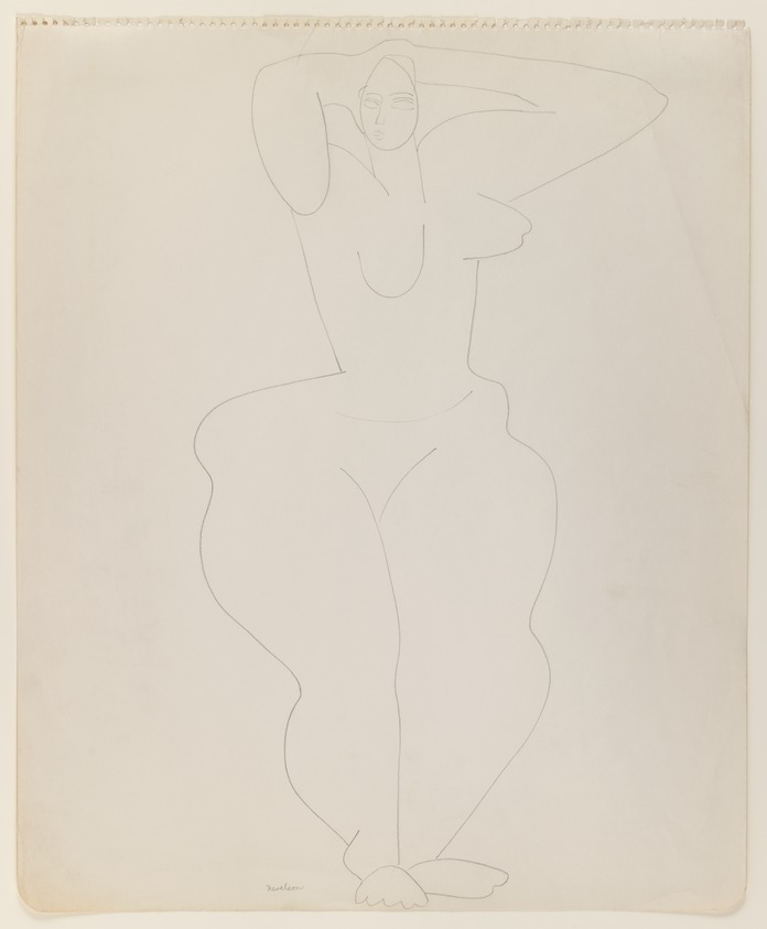 Louise Nevelson (American, born Russia, 1899-1988). <em>Untitled (Standing Female Nude)</em>, ca. 1932-1934. Graphite on medium, white, smooth, wove paper, sheet: 16 15/16 x 13 7/8 in. (43 x 35.2 cm). Brooklyn Museum, Gift of Samuel Goldberg in memory of his parents, Sophie and Jacob Goldberg, and his brother, Hyman Goldberg, 78.277.4. © artist or artist's estate (Photo: Brooklyn Museum, 78.277.4_IMLS_PS3.jpg)
