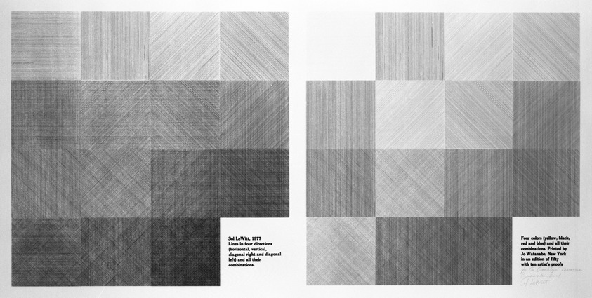 Sol LeWitt (American, 1928-2007). <em>Lines in Four Directions (left side of print)
Four Colors (right side of print)</em>, 1977. Serigraph on paper Brooklyn Museum, Gift of the artist, 78.57. © artist or artist's estate (Photo: Brooklyn Museum, 78.57_bw.jpg)