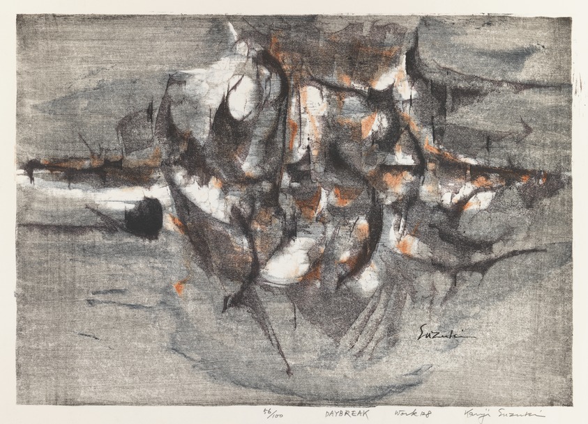 Suzuki Kenji. <em>Daybreak</em>, 1960. Woodblock print, Image: 12 x 16 3/4 in. (30.5 x 42.5 cm). Brooklyn Museum, Gift of Edythe Polster, 79.13.6. © artist or artist's estate (Photo: Brooklyn Museum, 79.13.6_IMLS_PS3.jpg)
