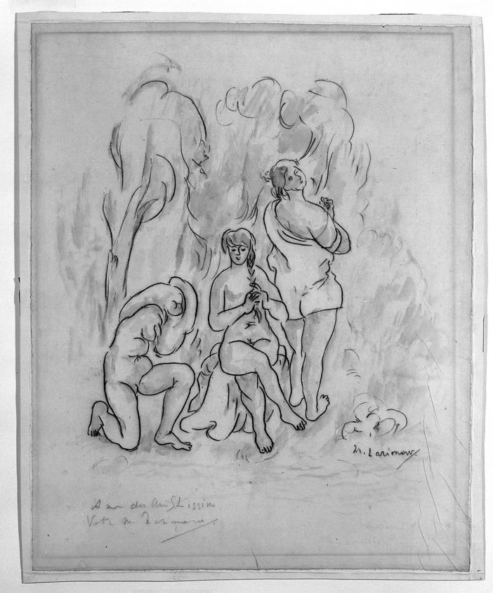 Michail Larionov (Russian, 1881-1964). <em>The Bathers (Les Baigneuses)</em>. Watercolor, 22 1/2 x 18 5/8 in.  (57.2 x 47.3 cm). Brooklyn Museum, Gift of Simon Lissim, 79.192. © artist or artist's estate (Photo: Brooklyn Museum, 79.192_bw.jpg)
