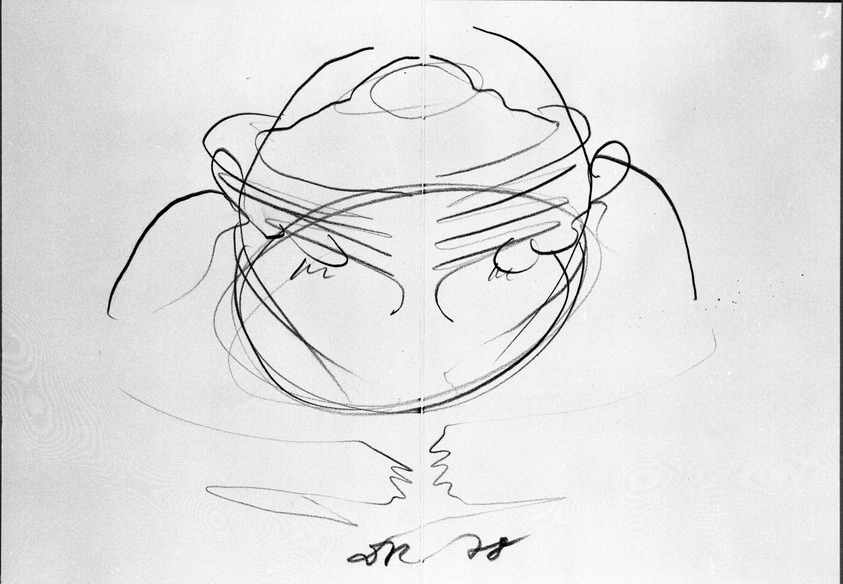 Dieter Roth (German, born Hanover, 1930-1998). <em>Self Portrait as Picadilly - Eros</em>, 1978. Pencil on wove paper, 9 1/16 x 12 15/16 in. (23 x 32.8 cm). Brooklyn Museum, Gift of Eugene Ettinger, 79.296. © artist or artist's estate (Photo: Brooklyn Museum, 79.296_bw.jpg)