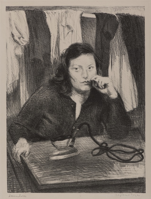 Raphael Soyer (American, born Russia, 1899-1987). <em>Laundress</em>, ca. 1941-1942. Lithograph on paper, sheet: 23 3/4 x 16 in. (60.3 x 40.6 cm). Brooklyn Museum, Gift of Samuel Goldberg in memory of his parents, Sophie and Jacob Goldberg, and his brother, Hyman Goldberg, 79.299.15. © artist or artist's estate (Photo: Brooklyn Museum, 79.299.15_PS20.jpg)