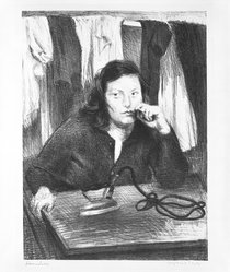 Raphael Soyer (American, born Russia, 1899-1987). <em>Laundress</em>, ca. 1941-1942. Lithograph on paper, sheet: 23 3/4 x 16 in. (60.3 x 40.6 cm). Brooklyn Museum, Gift of Samuel Goldberg in memory of his parents, Sophie and Jacob Goldberg, and his brother, Hyman Goldberg, 79.299.15. © artist or artist's estate (Photo: Brooklyn Museum, 79.299.15_bw.jpg)