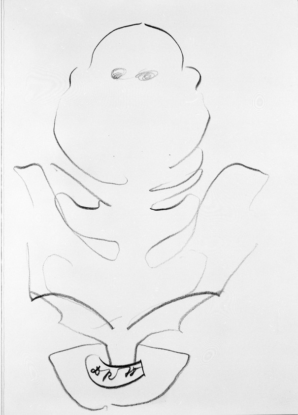 Dieter Roth (German, born Hanover, 1930-1998). <em>Self Portrait as Picadilly - Eros</em>, 1979. Pencil drawing on wove paper, 9 x 12 7/8 in. (22.9 x 32.7 cm). Brooklyn Museum, Gift of Howard Karshan, 79.304. © artist or artist's estate (Photo: Brooklyn Museum, 79.304_bw.jpg)