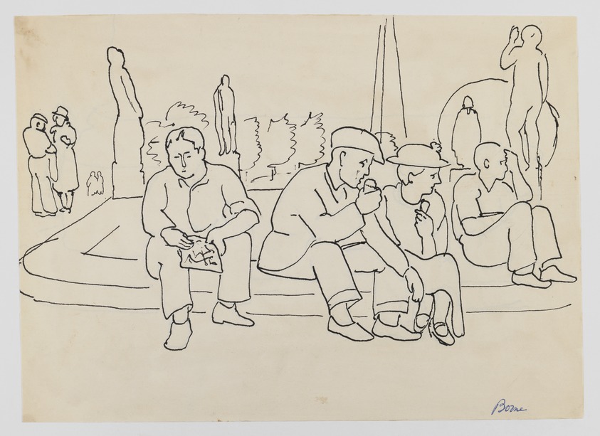 Mortimer Borne (American, born Poland, 1902-1987). <em>Resting at the World's Fair</em>, 1930. Pen and ink on paper, sheet: 7 7/8 x 11 in. (20 x 27.9 cm). Brooklyn Museum, Gift of Dr. and Mrs. Paul Flicker, 80.127.20. © artist or artist's estate (Photo: Brooklyn Museum, 80.127.20_IMLS_PS3.jpg)
