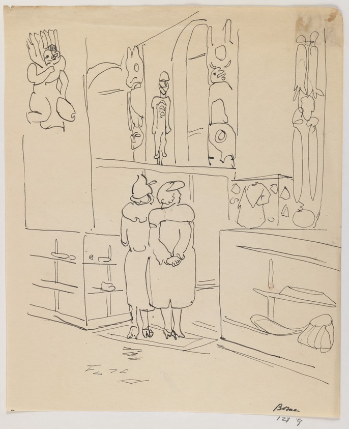 Mortimer Borne (American, born Poland, 1902-1987). <em>Indian Hall Museum of Natural History, N.Y.</em>, 1934. Pen and ink on paper, sheet: 9 11/16 x 7 7/8 in. (24.6 x 20 cm). Brooklyn Museum, Gift of Dr. and Mrs. Paul Flicker, 80.127.9. © artist or artist's estate (Photo: Brooklyn Museum, 80.127.9_IMLS_PS3.jpg)