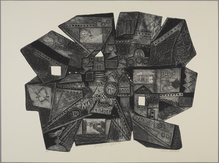 Clare Romano (American, 1922–2017). <em>Ljubljana Night II</em>, 1965. Collograph with photo etching on Murillo paper, 24 3/4 x 33 3/4 in. (62.8 x 85.8 cm). Brooklyn Museum, Gift of the artist, 80.138.4. © artist or artist's estate (Photo: Brooklyn Museum, 80.138.4_PS9.jpg)