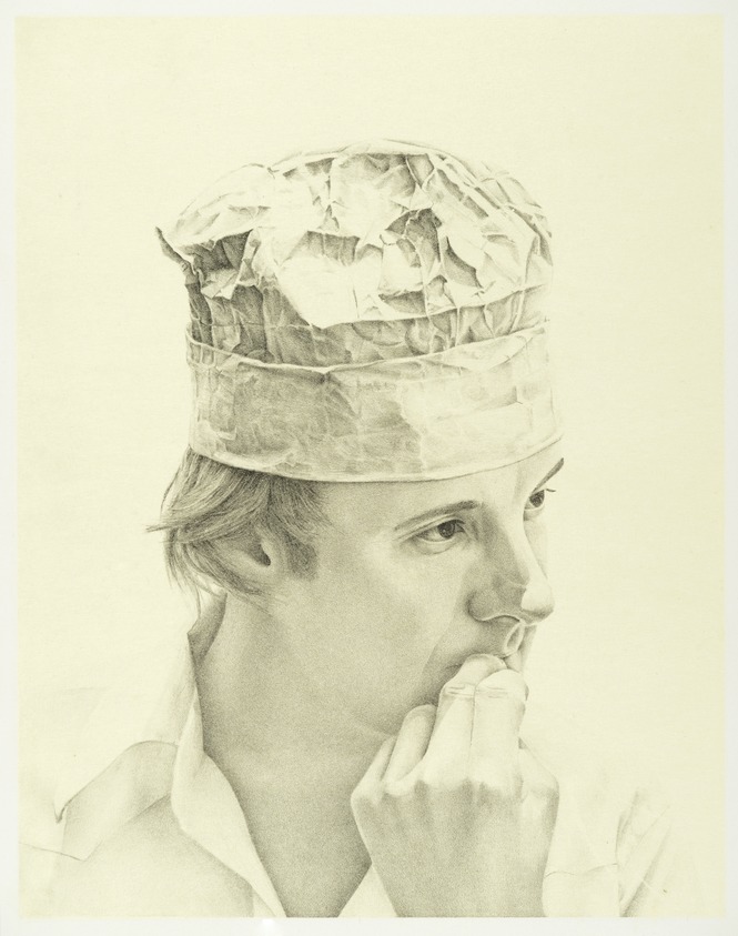 Arnold Brooks (American, born 1950). <em>Shop Manager (Portrait of Mark Stock)</em>, 1976. Lithograph in black and white with a tint stone on paper, Sheet: 14 x 11 in. (35.6 x 27.9 cm). Brooklyn Museum, Gift of Theo Wujcik, 80.140.1. © artist or artist's estate (Photo: Brooklyn Museum, 80.140.1_PS2.jpg)