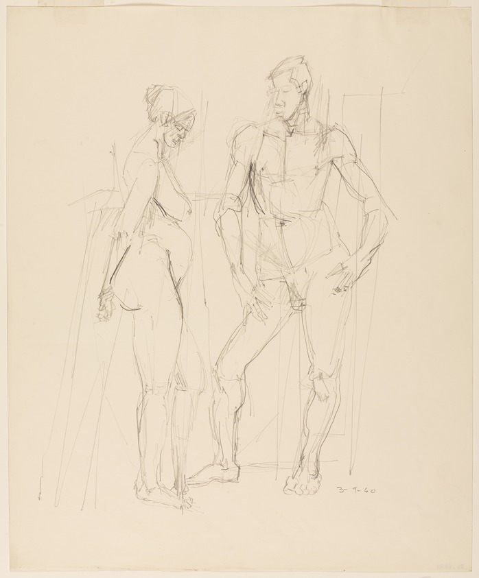 Jack Tworkov (American, born Poland, 1900-1982). <em>Untitled (Two Standing Nudes)</em>, March 9, 1960. Graphite on paper, sheet/composition: 16 13/16 x 14 in. (42.7 x 35.5 cm). Brooklyn Museum, Gift of the artist, 80.20.2. © artist or artist's estate (Photo: Brooklyn Museum, 80.20.2_PS9.jpg)