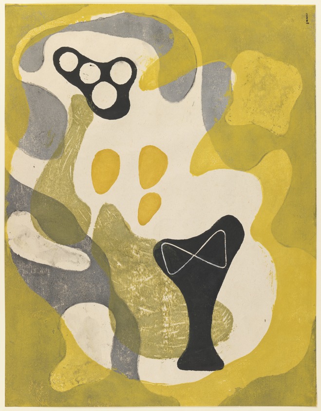 Onchi Koshiro (1891-1955). <em>Abstraction</em>, 1948. Woodblock print, 13 5/8 x 17 1/2 in. (34.6 x 44.5 cm). Brooklyn Museum, Gift of Dr. Hugo Munsterberg, 80.43.4. © artist or artist's estate (Photo: Brooklyn Museum, 80.43.4_IMLS_PS3.jpg)