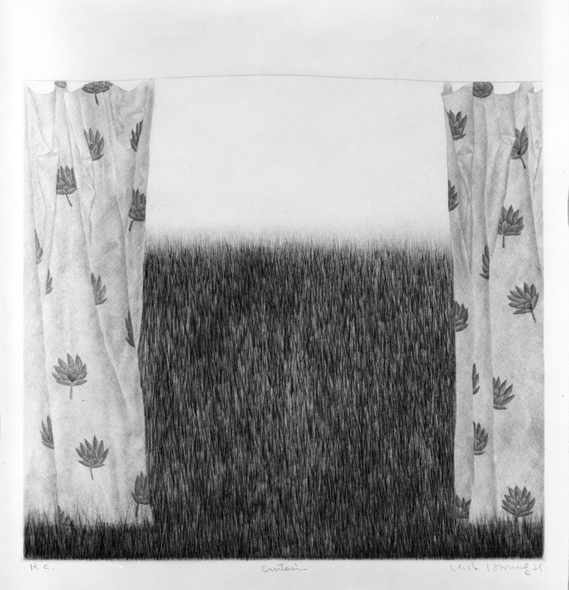 K. B. Hwang (Korean, 1932). <em>Curtain</em>, 1979. Mezzotint in color, Sheet: 13 11/16 x 11 11/16 in. (34.8 x 29.7 cm). Brooklyn Museum, Gift of H.M.K. Fine Arts, Inc., 80.48.4. © artist or artist's estate (Photo: Brooklyn Museum, 80.48.4_bw.jpg)