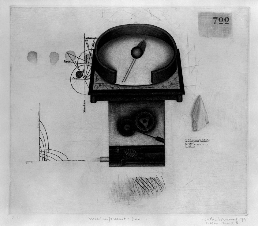 K. B. Hwang (Korean, 1932). <em>Weather Forecast - 722</em>, ca. 1977. Mezzotint in color, Sheet: 19 5/8 x 25 5/16 in. (49.8 x 64.3 cm). Brooklyn Museum, Gift of Hugh McKay, 80.50.2. © artist or artist's estate (Photo: Brooklyn Museum, 80.50.2_bw.jpg)