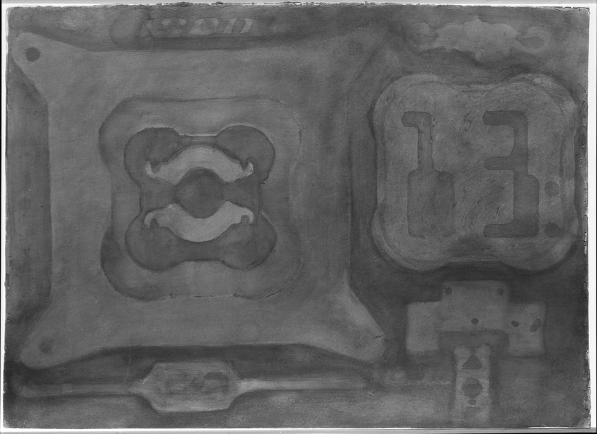 Morris Shulman (American, 1912-1978). <em>Triskaidephilia</em>, 1974. Watercolor on paper, Sheet: 22 3/8 x 30 1/2 in. (56.8 x 77.5 cm). Brooklyn Museum, 81.135. © artist or artist's estate (Photo: Brooklyn Museum, 81.135_bw.jpg)