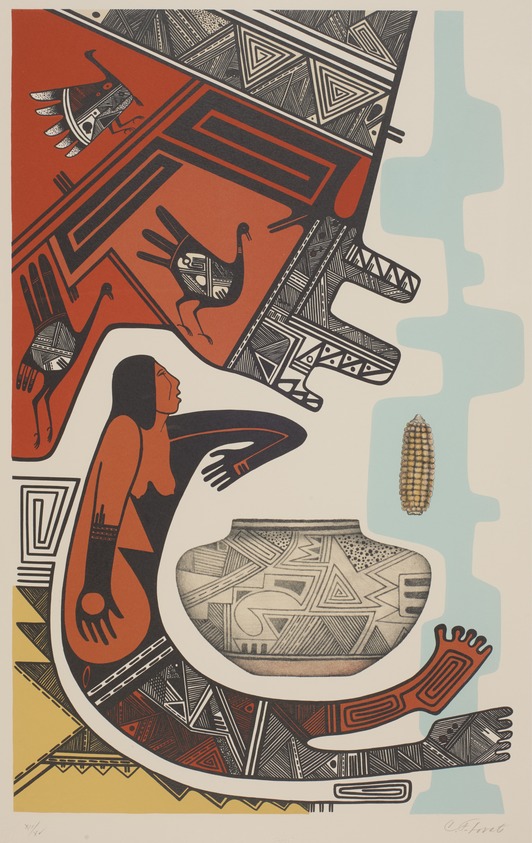 Charles Fredric Lovato (Kewa (Santo Domingo Pueblo), 1937–1987). <em>Of Beauty and Woman</em>, n.d. Lithograph on paper, 22 3/8 × 14 7/8 in. (56.8 × 37.8 cm). Brooklyn Museum, Gift of Martin Rotman, 82.255.21. © artist or artist's estate (Photo: , 82.255.21_PS11.jpg)