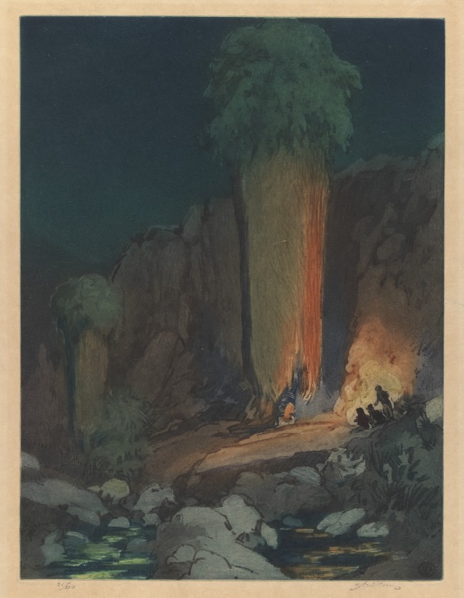 Urushibara Mokuchu (Japanese, 1888–1953). <em>The Ceremonial Cave</em>, 20th century. Color etching, 13 5/8 x 10 1/8 in. (34.6 x 25.7 cm). Brooklyn Museum, Gift of Mr. and Mrs. Peter P. Pessutti, 83.244.1. © artist or artist's estate (Photo: Brooklyn Museum, 83.244.1_IMLS_PS3.jpg)