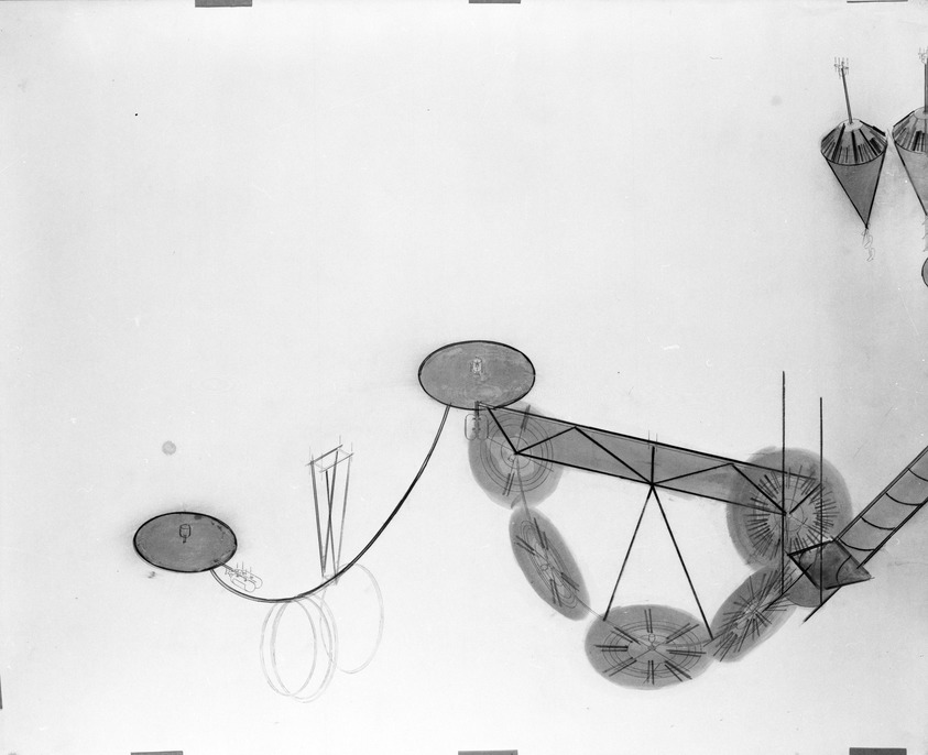 Dennis Oppenheim (American, 1938-2011). <em>Chain of Pearls (Proposal for ACE Gallery), Drawing in 2 Parts</em>, 1981. Graphite, colored pencil, watercolor on radiator paint on paper, 38 1/4 x 45 3/4 in. (97.2 x 116.2 cm). Brooklyn Museum, Gift of Jonathan A. Berg, 83.258.5. © artist or artist's estate (Photo: Brooklyn Museum, 83.258.5a_bw.jpg)