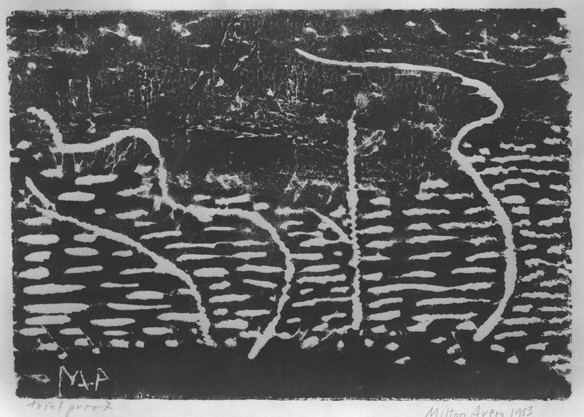Milton Avery (American, 1885-1965). <em>Trees By The Sea</em>, 1953. Woodcut on light Japanese wove paper, Image: 9 5/8 x 13 7/8 in. (24.4 x 35.2 cm). Brooklyn Museum, Gift of the Board of Governors in honor of Josephine Palmer Voorhees on the occasion of her 90th birthday, 84.220. © artist or artist's estate (Photo: Brooklyn Museum, 84.220_bw.jpg)