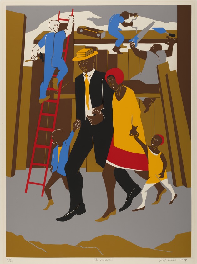 Jacob Lawrence (American, 1917–2000). <em>The Builders</em>, 1974. Screenprint, Sheet: 34 x 25 3/4 in. (86.4 x 65.4 cm). Brooklyn Museum, Gift of Helen and Monte Getler, 84.23. © artist or artist's estate (Photo: Brooklyn Museum, 84.23_PS20.jpg)