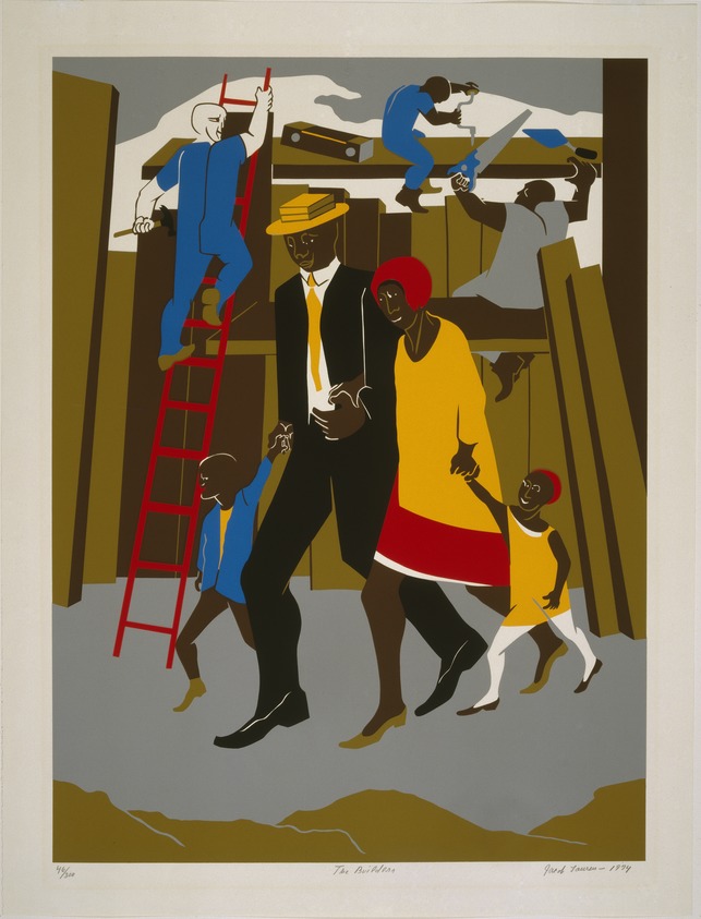 Jacob Lawrence (American, 1917-2000). <em>The Builders</em>, 1974. Screenprint, Sheet: 34 x 25 3/4 in. (86.4 x 65.4 cm). Brooklyn Museum, Gift of Helen and Monte Getler, 84.23. © artist or artist's estate (Photo: Brooklyn Museum, 84.23_SL1.jpg)