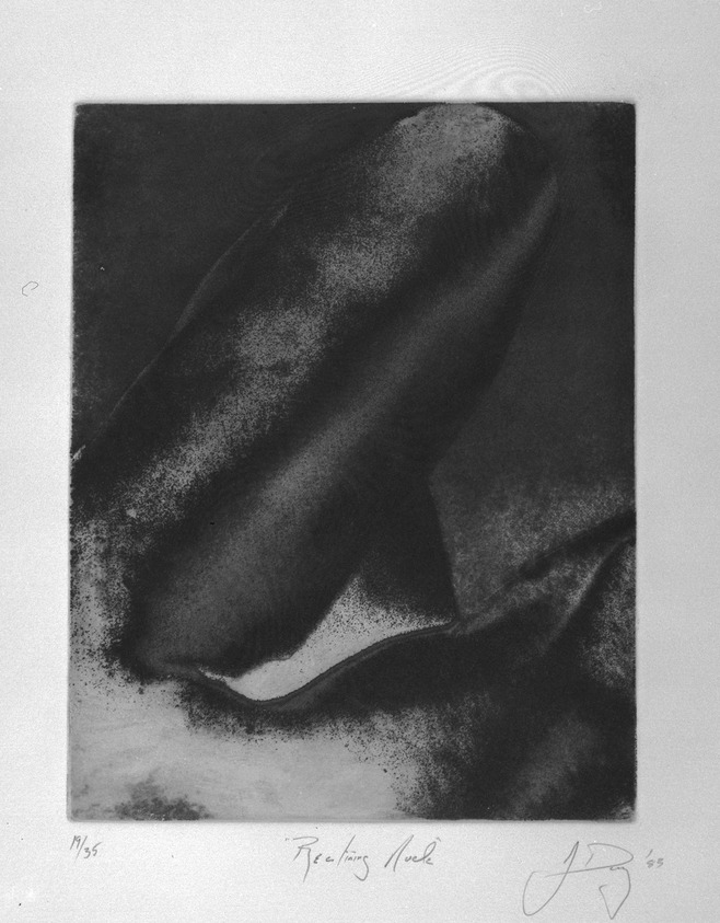 Jeffrey Day. <em>Reclining Nude</em>, 1983. Color photo etching, Sheet: 20 1/8 x 15 1/16 in. (51.1 x 38.3 cm). Brooklyn Museum, Gift of the Printmaking Workshop in honor of Una E. Johnson, 84.307.1. © artist or artist's estate (Photo: Brooklyn Museum, 84.307.1_bw.jpg)