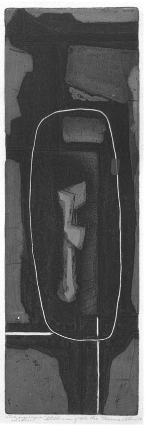 Minna Citron (American, 1896-1991). <em>Stillness of the Ore</em>, 1953. Etching, engraving, aquatint, Sheet: 26 5/16 x 10 in. (66.8 x 25.4 cm). Brooklyn Museum, Gift of IBM Gallery of Science and Art, 85.187.9. © artist or artist's estate (Photo: Brooklyn Museum, 85.187.9_bw.jpg)