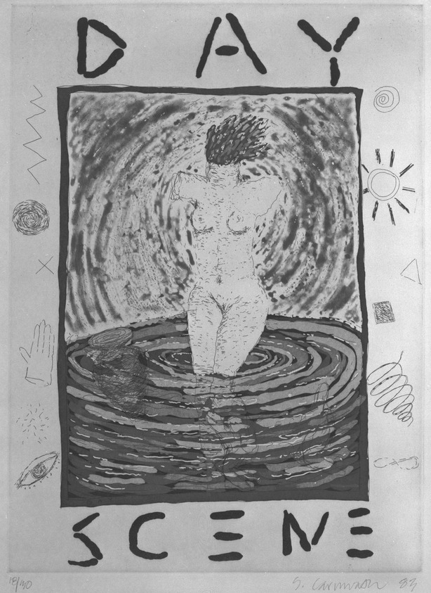 Squeak Carnwath (American, born 1947). <em>Day Scene</em>, 1983. Hardground etching, spit bite, aquatint, Image: 14 13/16 x 10 13/16 in. (37.6 x 27.5 cm). Brooklyn Museum, Gift of Bruce Velick, 85.27.1. © artist or artist's estate (Photo: Brooklyn Museum, 85.27.1_bw.jpg)