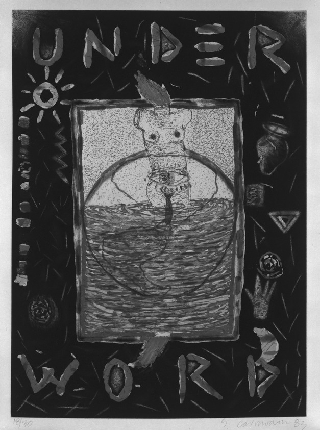 Squeak Carnwath (American, born 1947). <em>Words Under</em>, 1983. Hardground etching, sugar lift, drypoint, spit bite, burnishing, Image: 14 13/16 x 10 13/16 in. (37.6 x 27.5 cm). Brooklyn Museum, Gift of Bruce Velick, 85.27.2. © artist or artist's estate (Photo: Brooklyn Museum, 85.27.2_bw.jpg)
